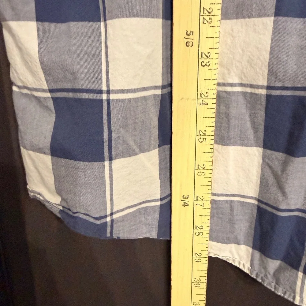 Express Mens Blue White Plaid Short Sleeve Pearl Snap Western Shirt XL Cotton
